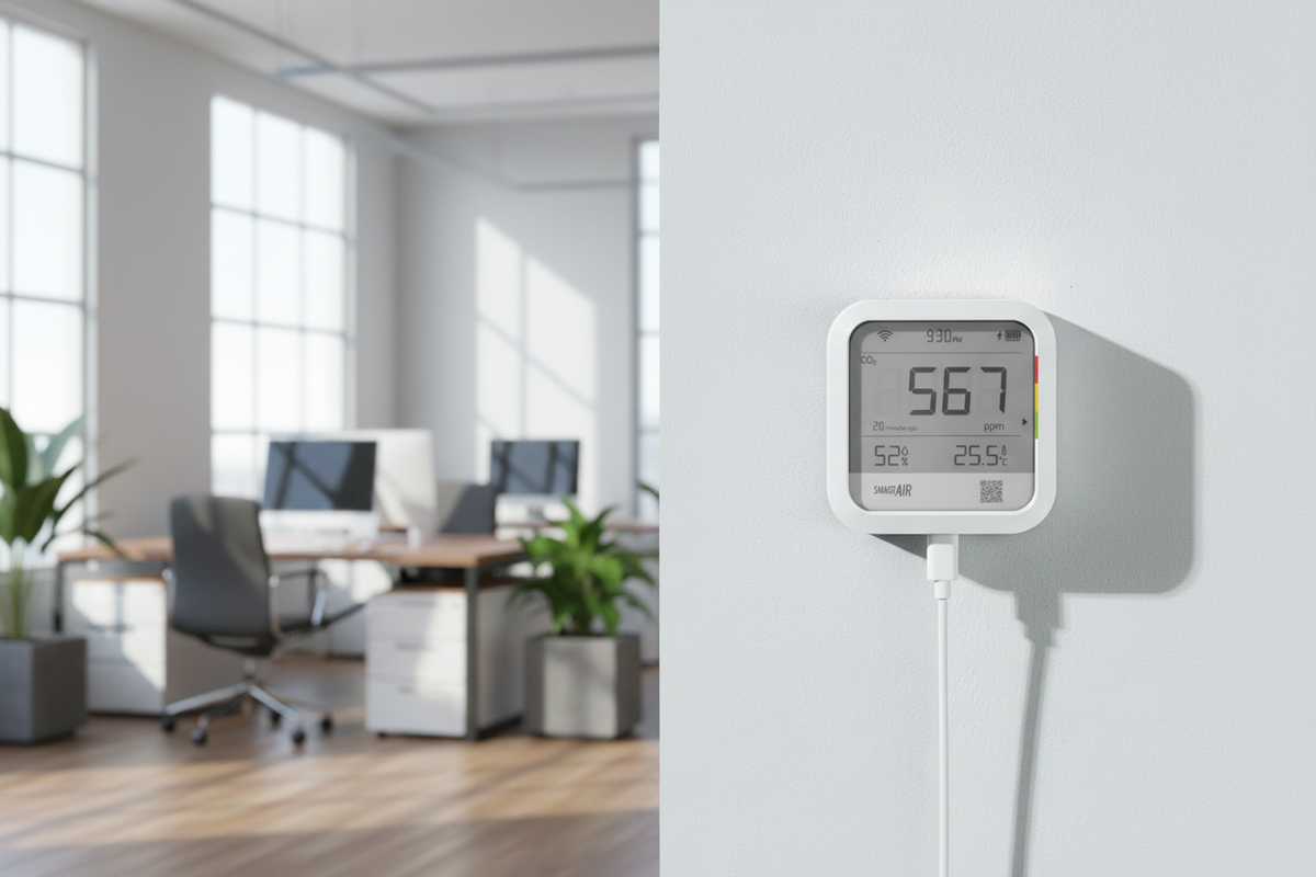 White Qingping CO2 monitor wall-mounted in a bright modern workplace, showing a live carbon dioxide reading of 567 ppm with humidity and temperature