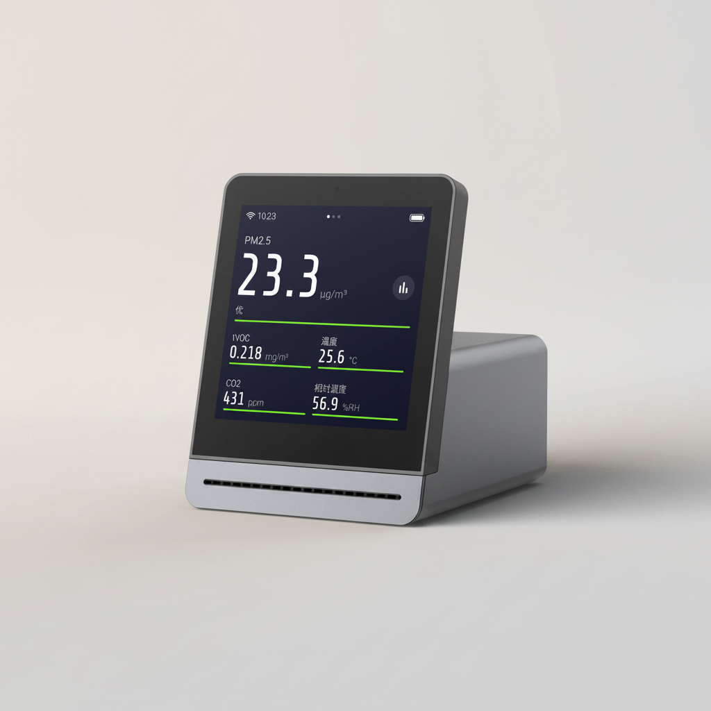 Silver and graphite QP Pro air-quality monitor on a pale studio background displaying PM2.5, tVOC, temperature, carbon dioxide and humidity readings