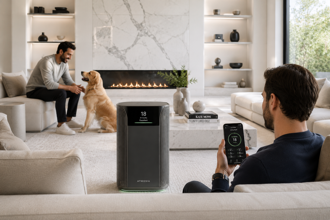 Luxury living room with smart air purifier, real-time air quality app control, pet-friendly clean air and modern design