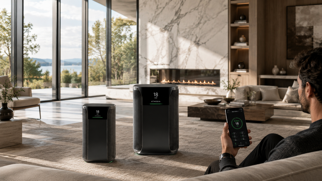 Luxury Atmosia air purifier comparison in modern living room with real-time air quality monitoring