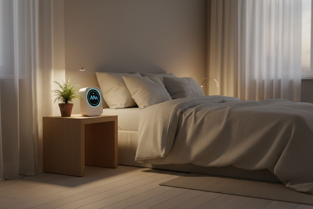 A white air quality monitor with a glowing display on a bedside table in a minimalist bedroom at dusk