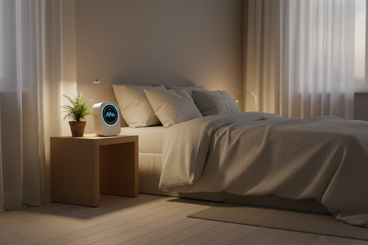 A white air quality monitor with a glowing display on a bedside table in a minimalist bedroom at dusk