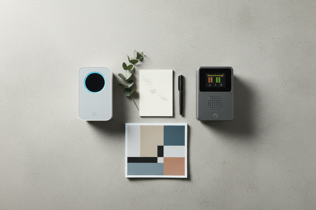 Overhead flat-lay of two premium air quality monitors side by side with a notepad, eucalyptus sprig, pen, and folded magazine on a grey concrete surface