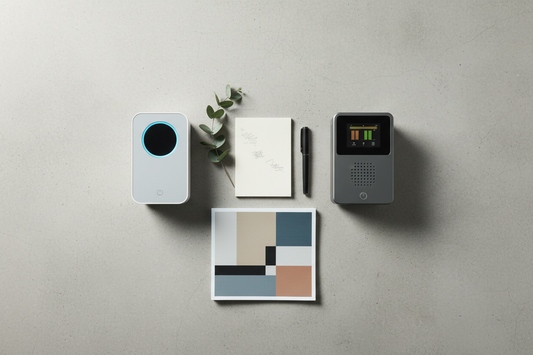 Overhead flat-lay of two premium air quality monitors side by side with a notepad, eucalyptus sprig, pen, and folded magazine on a grey concrete surface