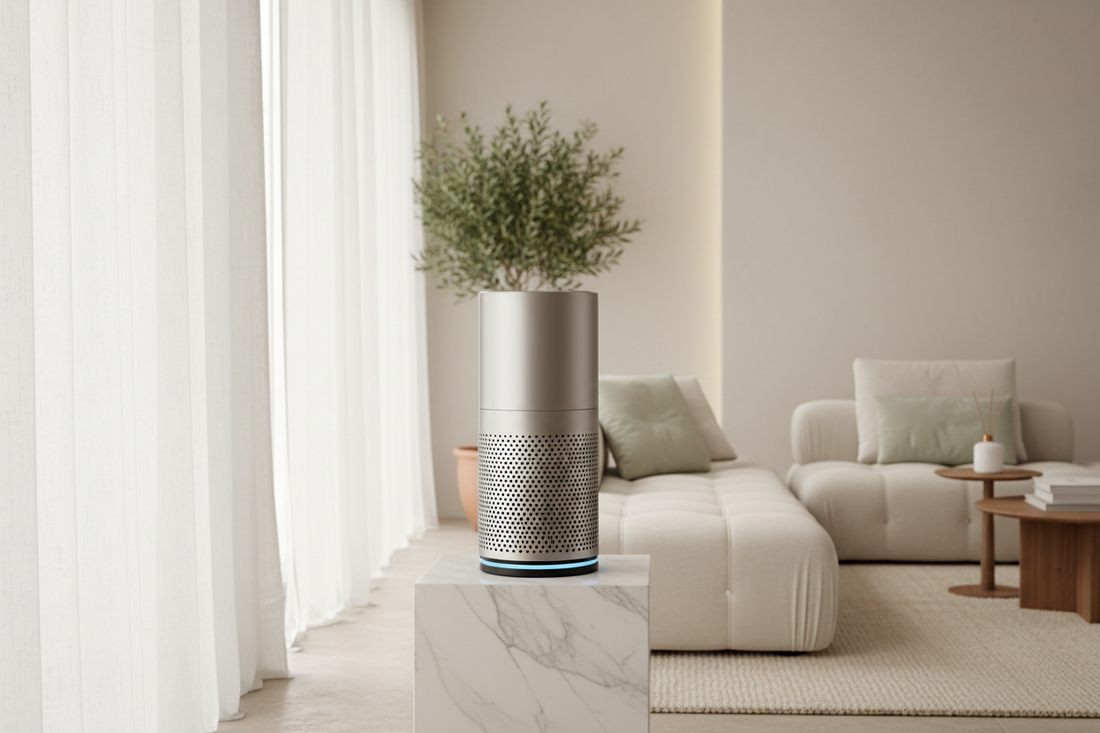 Premium home air purifier with perforated grille on marble stand in modern minimalist living room.