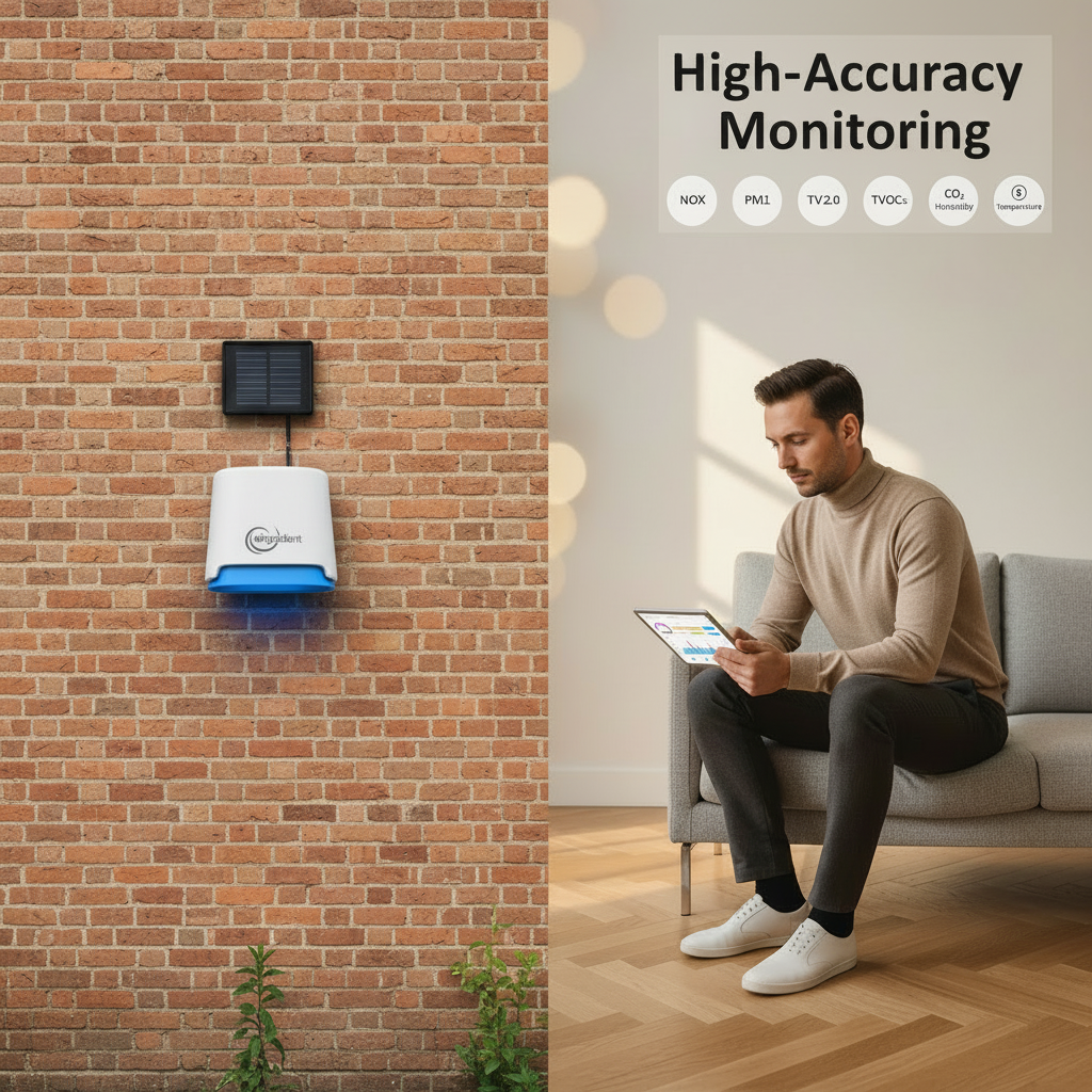 AirGradient Open Air monitor mounted on a brick wall outdoors