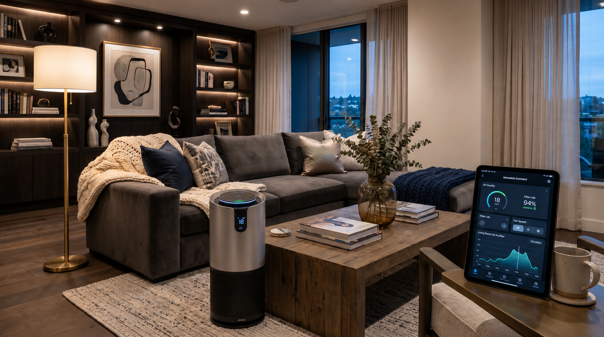 Modern living room with a sofa, coffee table, with smart air purifier and tablet displaying graphs.
