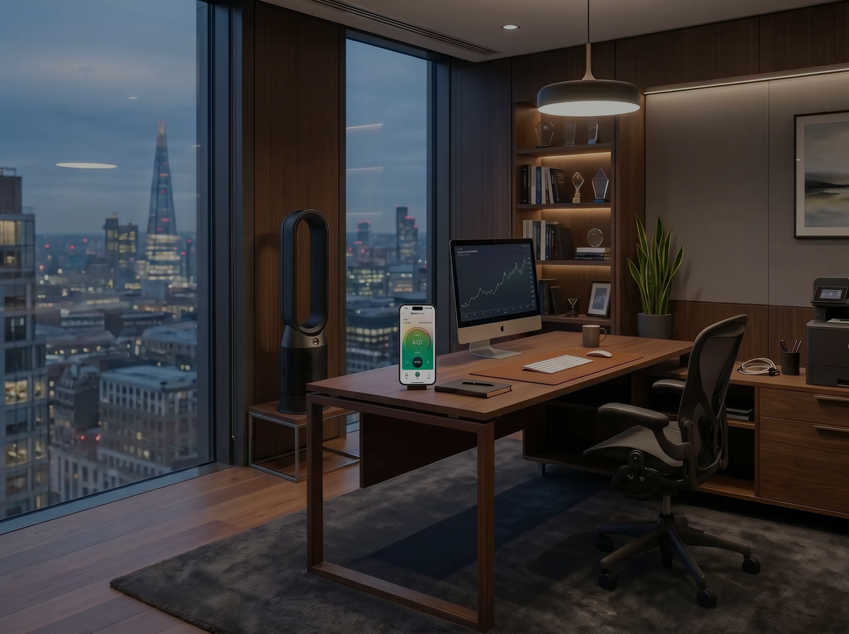 Modern office desk with computer, phone, and chair in a room and a smart app controlled air purifier with cityscape view