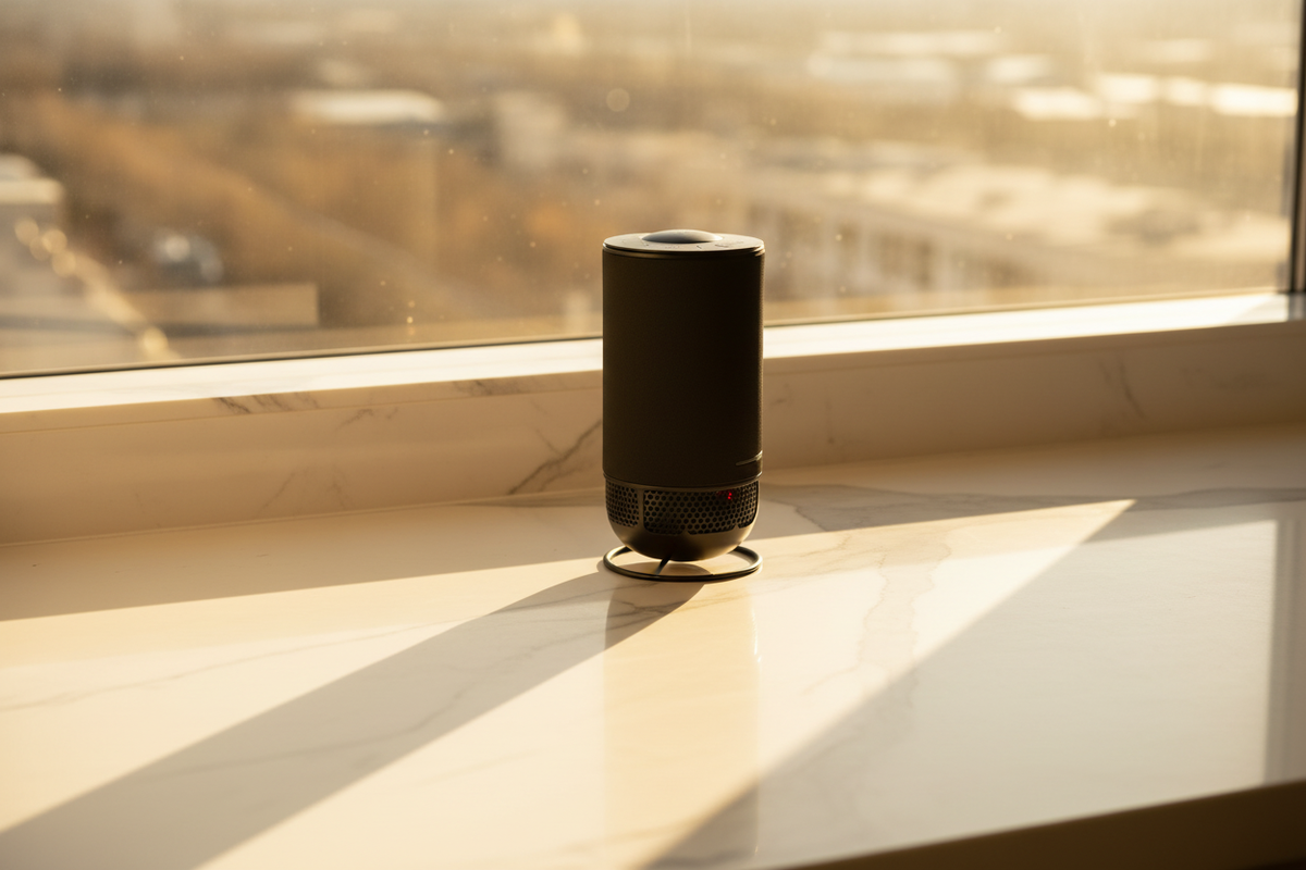 Lux Aeroguard 360° Medium air purifier on a marble windowsill with architectural shadow