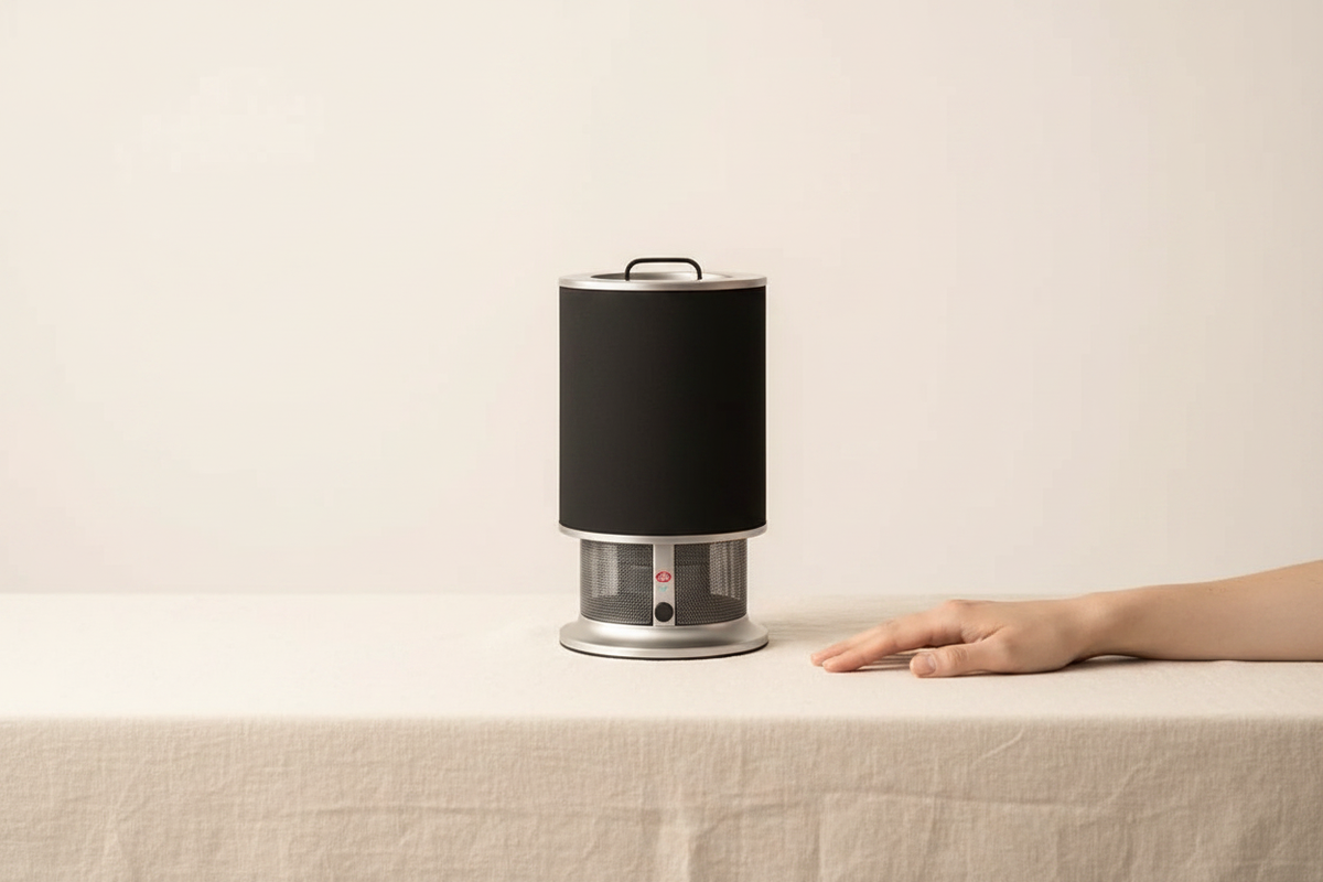 Lux Aeroguard Mini air purifier in a cream monochrome setting with hand detail