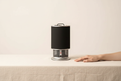 Lux Aeroguard Mini air purifier in a cream monochrome setting with hand detail