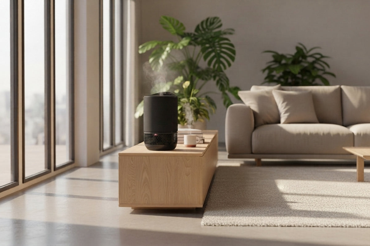 Lux Aeroguard 360° Small air purifier in a warm daylight bedroom setting