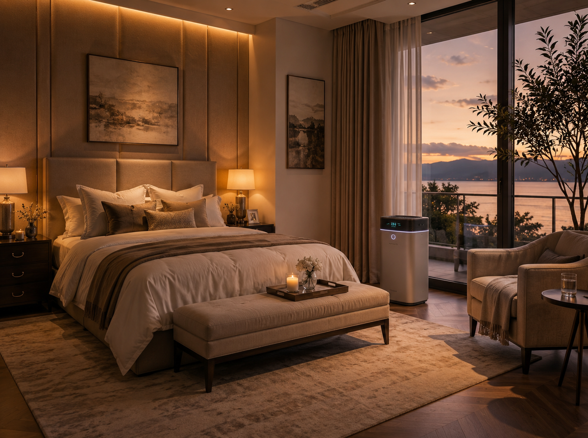 Luxurious bedroom ad air purifier on sleep mode with a view of a sunset over water