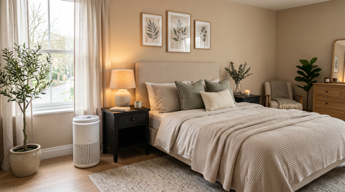 modern bedroom with an air purifier on silent sleep mode