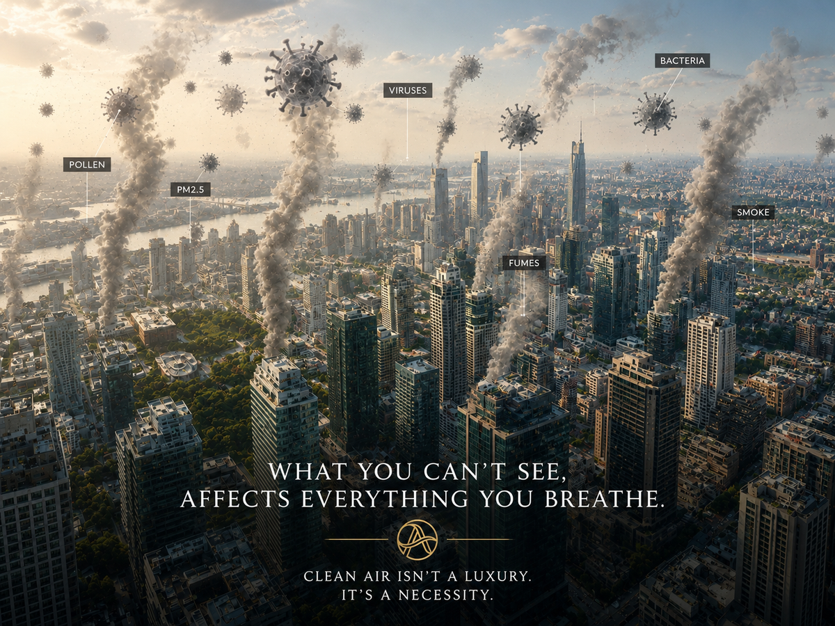 Cityscape with air pollutants labeled, including viruses, bacteria, pollen, and PM2.5, with a quote about clean air.
