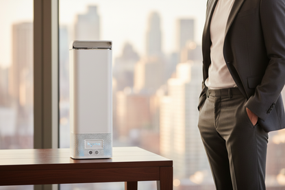 Hextio HX-100 air purifier on a desk in a modern city apartment with skyline view