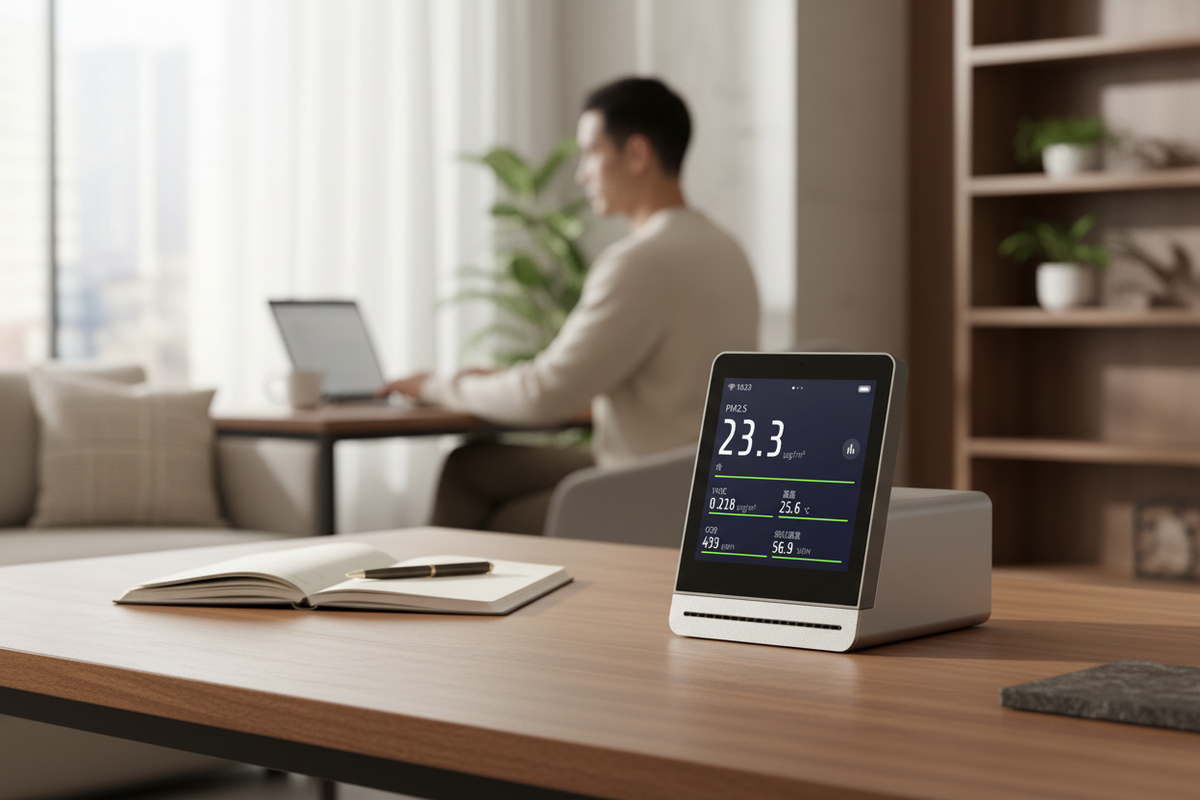 Silver and graphite QP Pro air-quality monitor displaying live indoor air readings on a home-office desk while someone works nearby