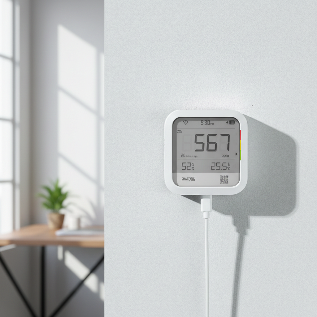 White SmartAir CO2 air-quality monitor wall-mounted in a modern home office, displaying live carbon dioxide, humidity and temperature readings