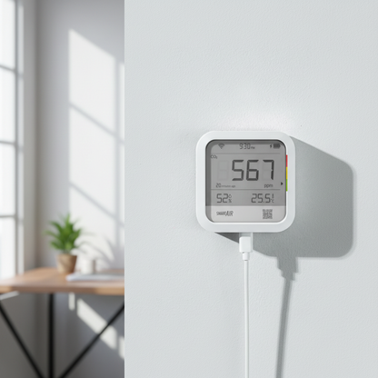 White SmartAir CO2 air-quality monitor wall-mounted in a modern home office, displaying live carbon dioxide, humidity and temperature readings