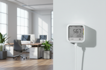 White Qingping CO2 monitor wall-mounted in a bright modern workplace, showing a live carbon dioxide reading of 567 ppm with humidity and temperature