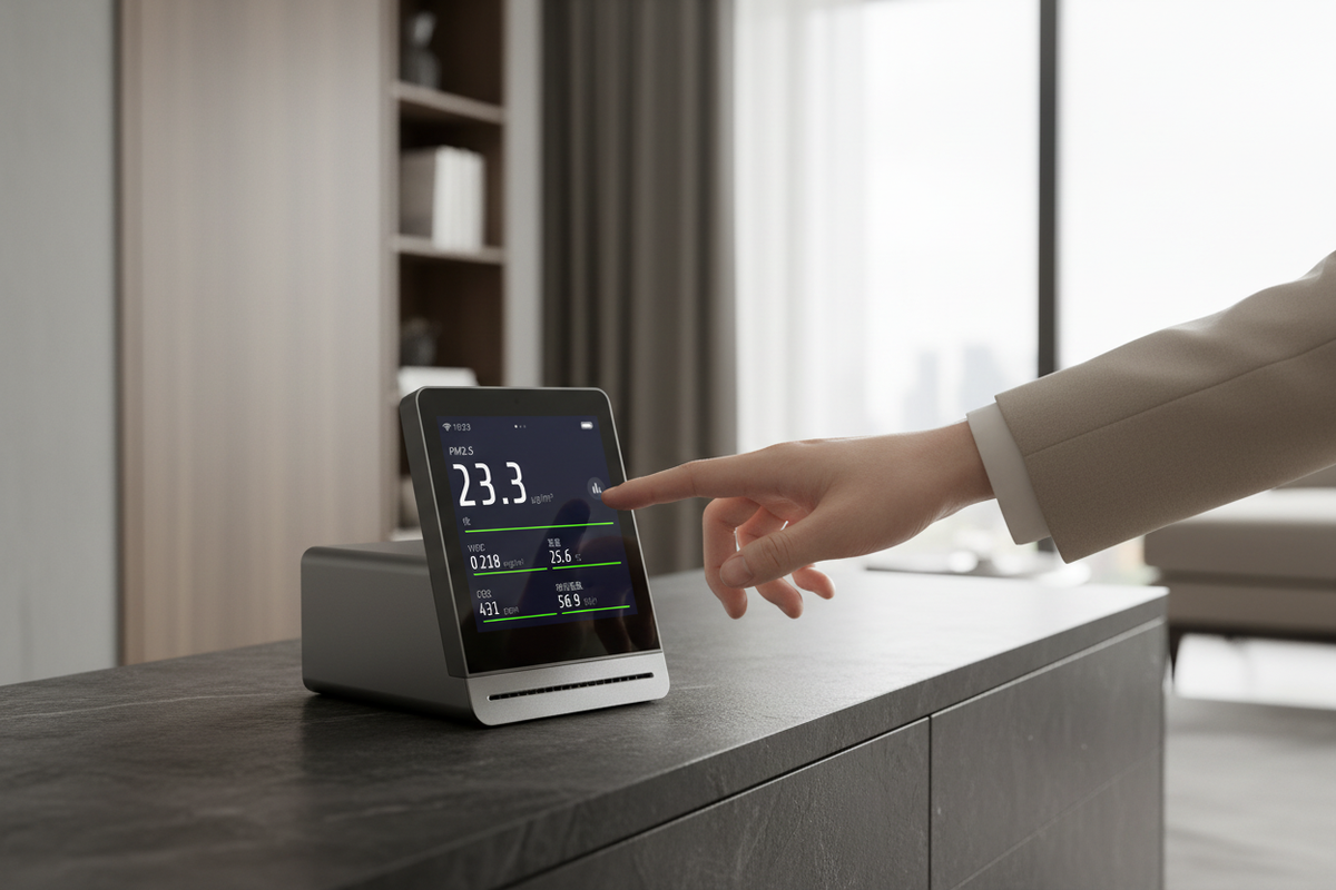 Silver and graphite QP Pro air-quality monitor displaying PM2.5, tVOC, temperature, carbon dioxide and humidity readings while a modern hand touches the touchscreen