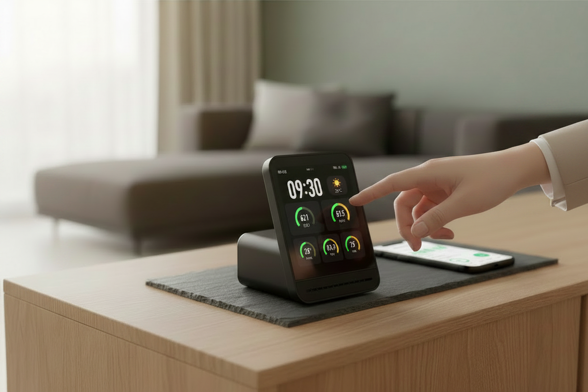 Black QP Pro 2 air-quality monitor with an elegant modern hand touching its alternate clock dashboard