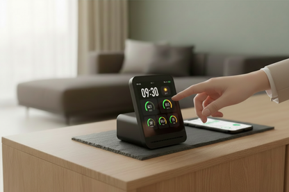 Black QP Pro 2 air-quality monitor with an elegant modern hand touching its alternate clock dashboard