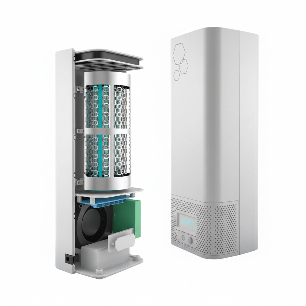Hextio replacement air purifier filter and purifier unit on a clean background