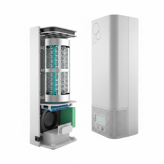 Hextio replacement air purifier filter and purifier unit on a clean background