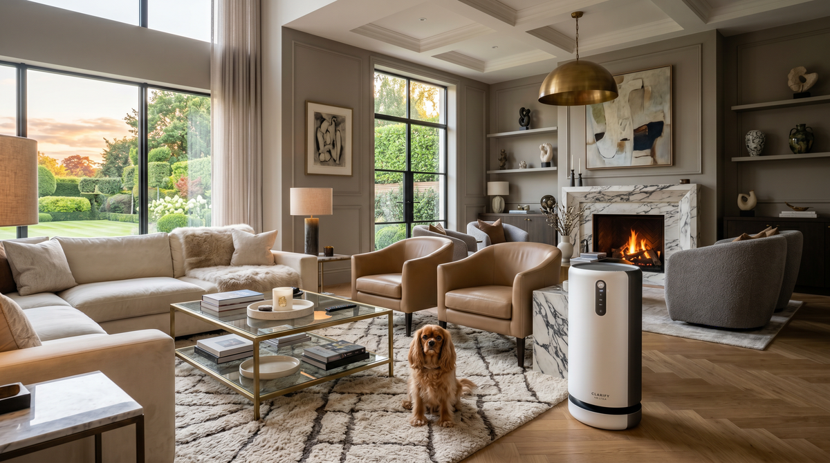 Modern living room with a fireplace, sofa, coffee table, and air purifier.