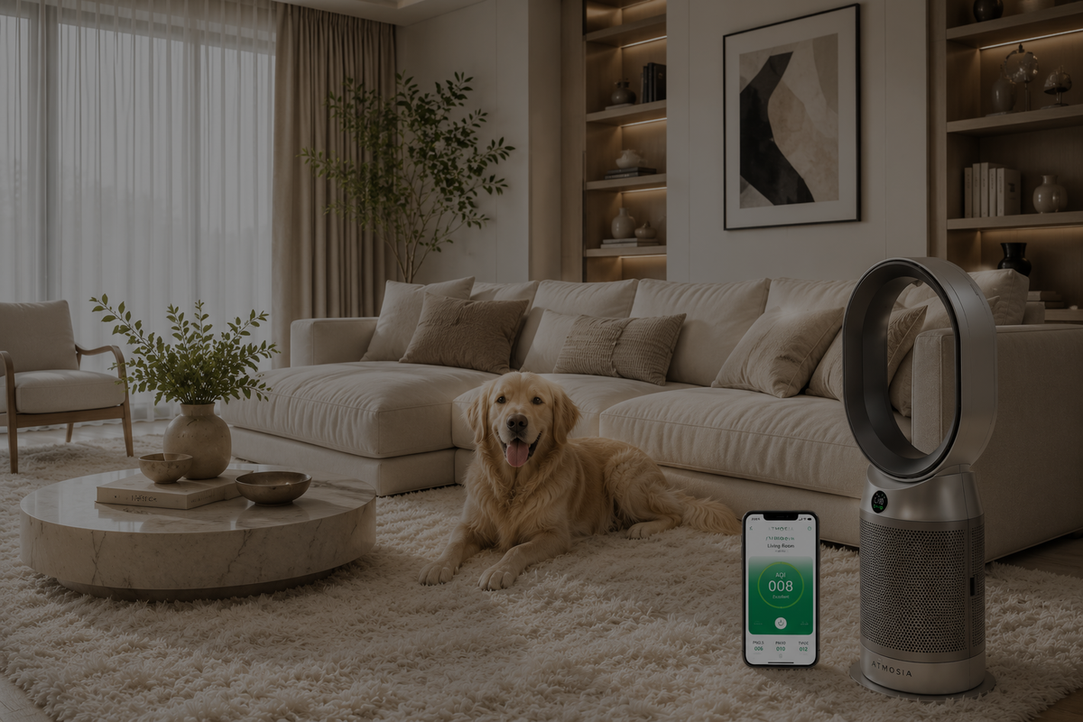 a modern Livingroom with a luxury sofa with a lovely pet and air purifier purifying pet dander