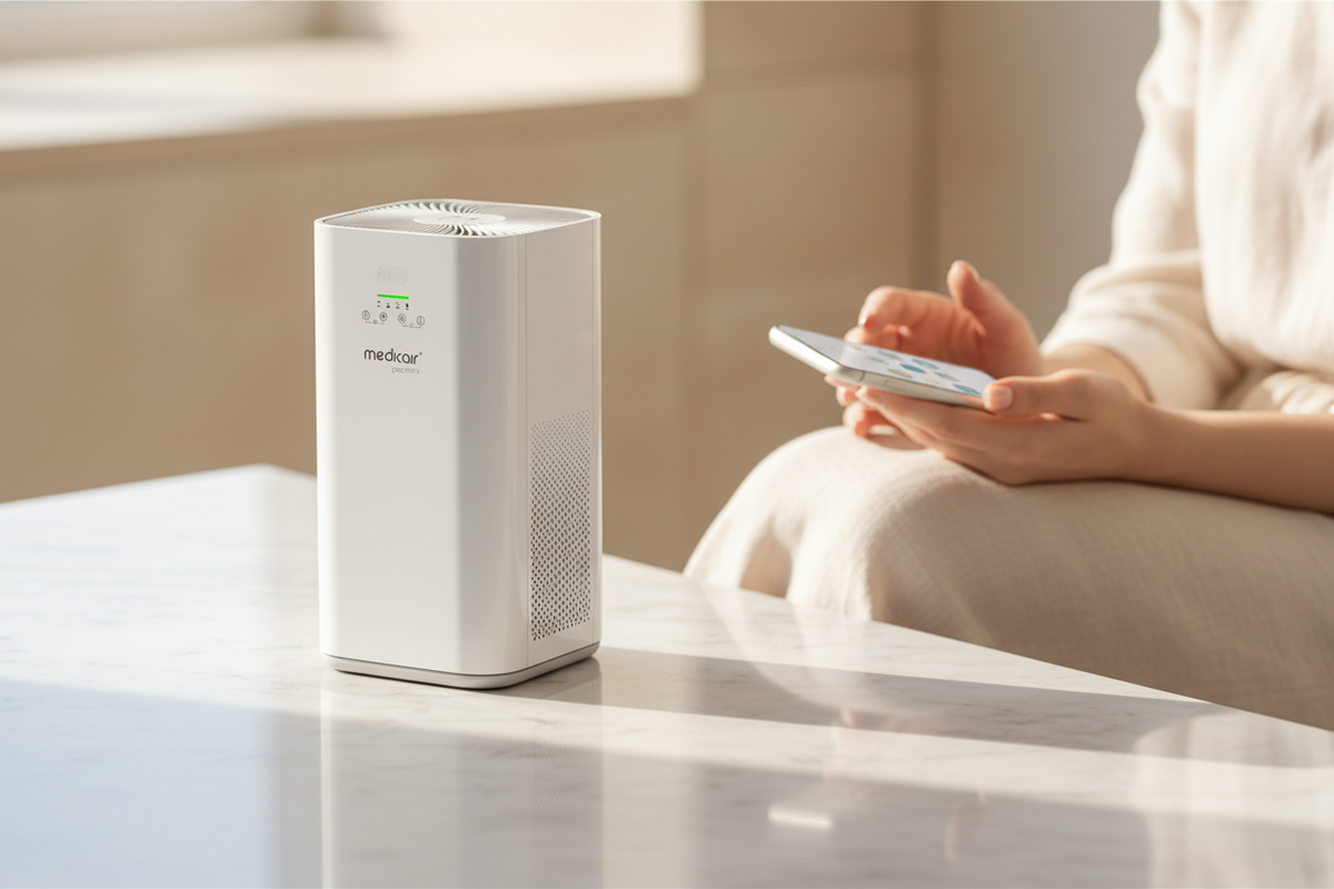 Medicair Pro Mini — Hands on Lap, Smartphone, Product Hero