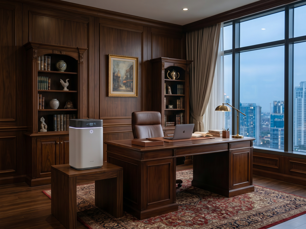 Home office with wooden desk, bookshelves, and air purifier modern and large window view.