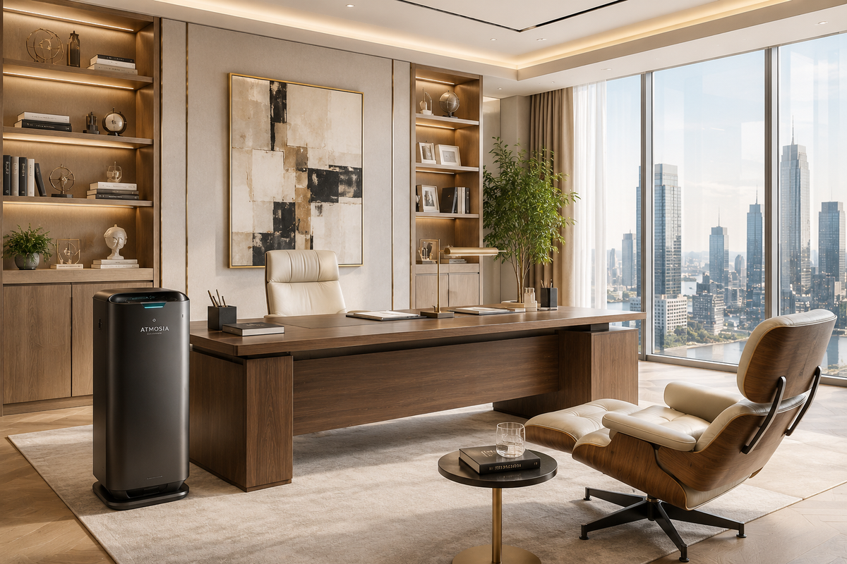 Modern office with a large desk, chair, with office modern air purifier and shelves with décor items.