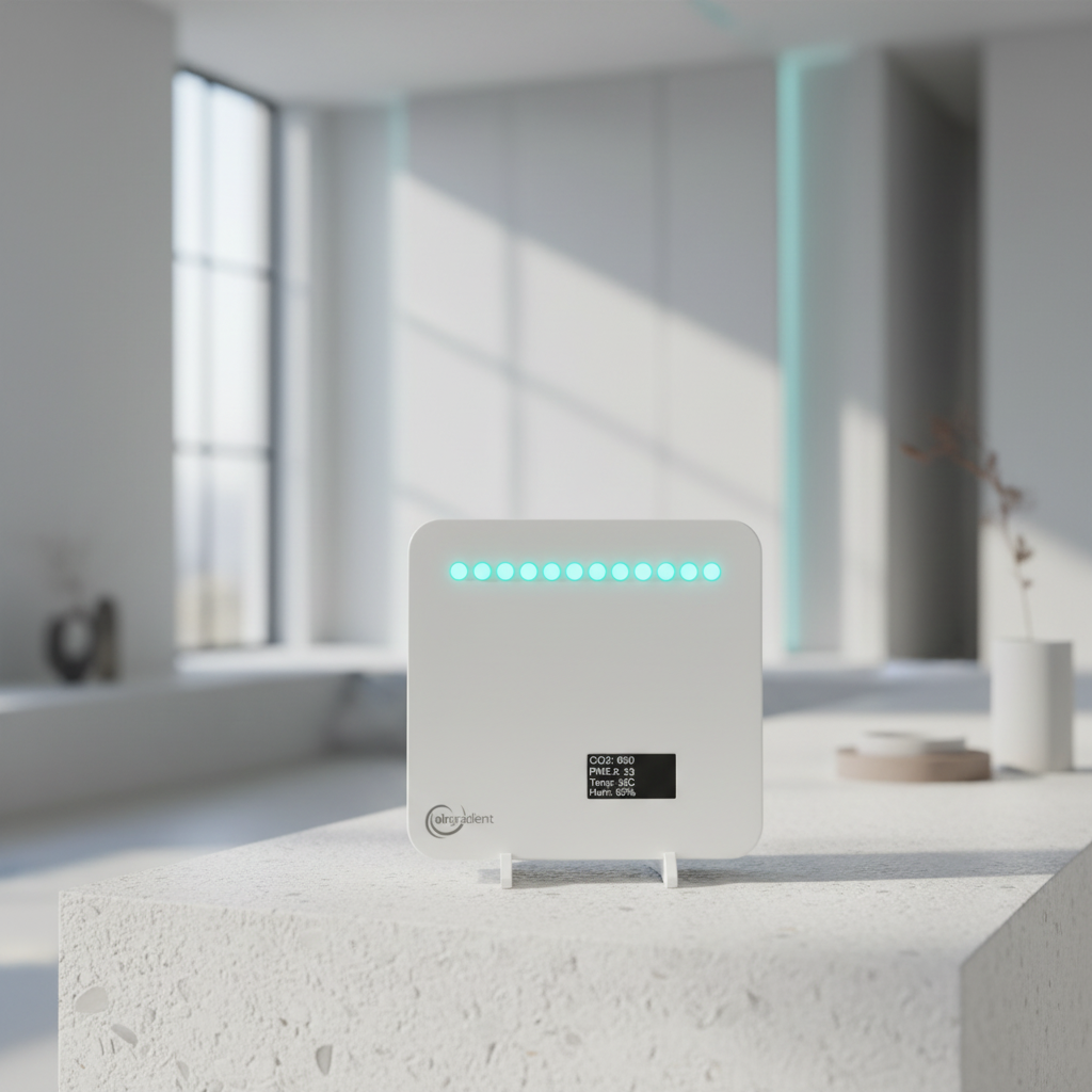 White AirGradient indoor air-quality monitor with cyan LED status strip and live carbon dioxide, PM2.5, temperature and humidity readings in a modern interior