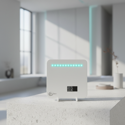 White AirGradient indoor air-quality monitor with cyan LED status strip and live carbon dioxide, PM2.5, temperature and humidity readings in a modern interior